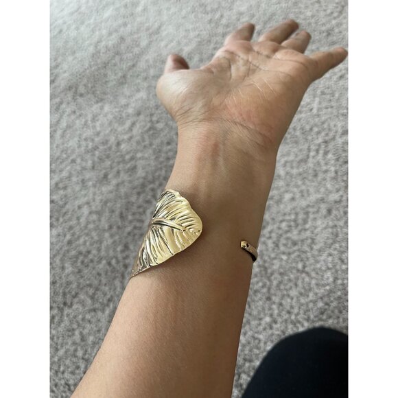 wide gold cuff leaf bracelet bangle large wedding metal boho chunky statement - Picture 3 of 9